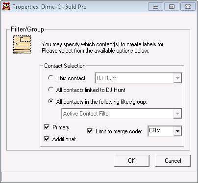 Screen capture of filter/group and Additional Contact selection user interface